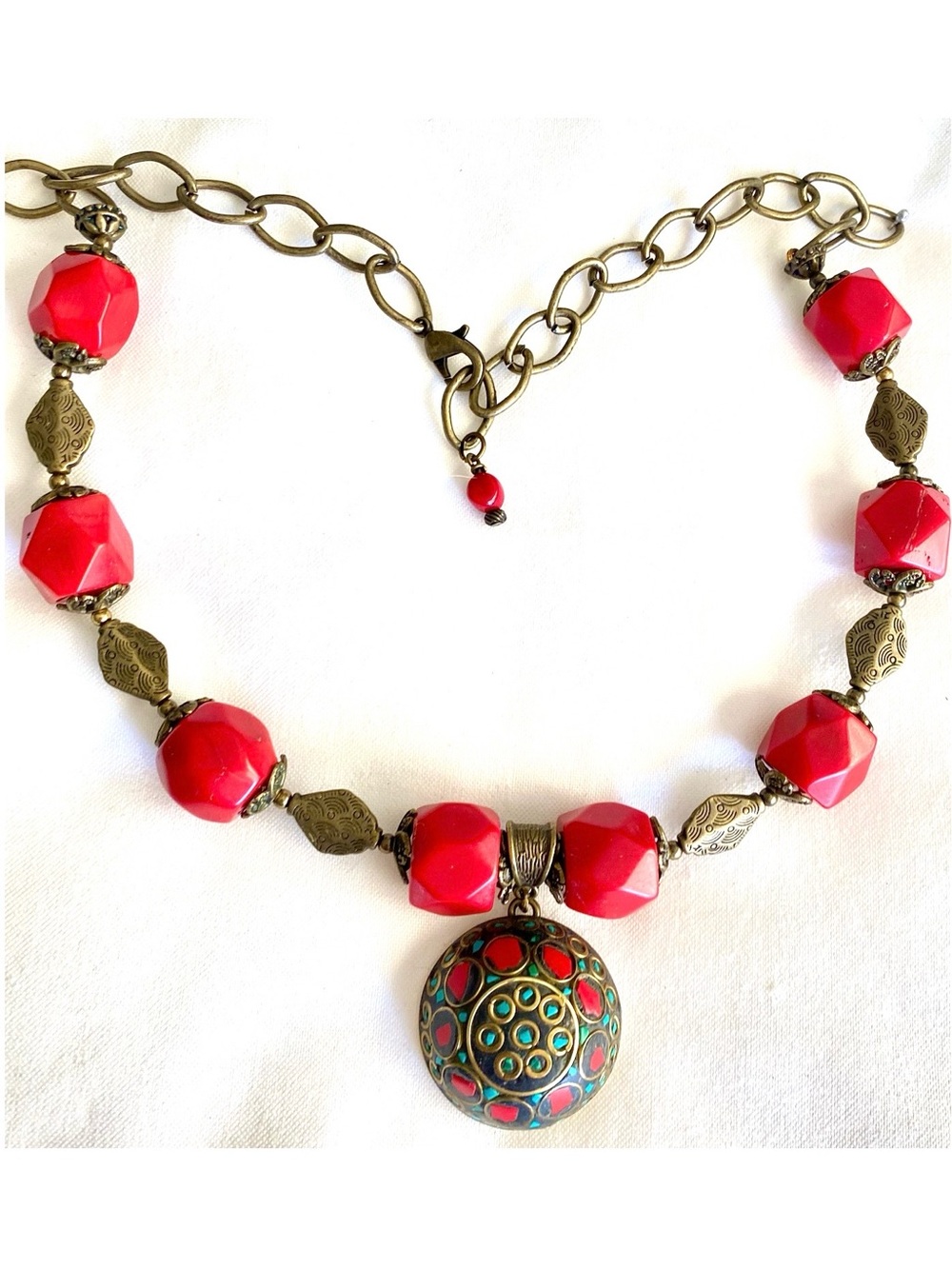 Handmade Red Coral Necklace Bronze OOAK Statement Boho Artisan Pendant